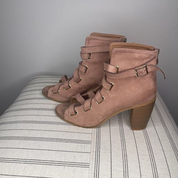 Qupid- Pink Suede Open Toe Heels - Picture 1 of 6